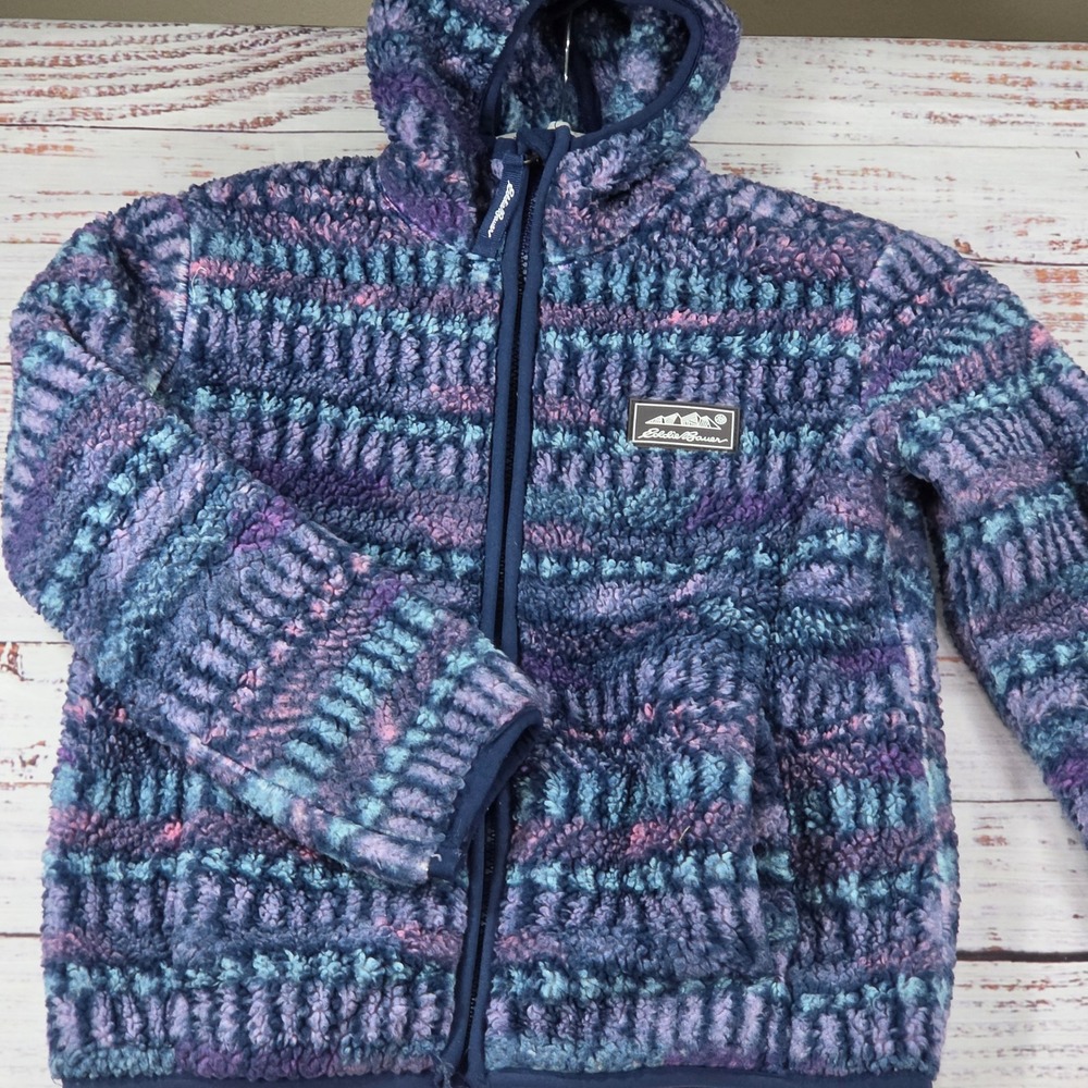 Eddie Bauer Fleece Hoodie Kids XS 5/6 Blue Purple Good Sherpa Full Zip Jacket